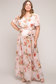 Pink Floral Chiffon Wrap Front Short Sleeve Maternity Plus Maxi Dress