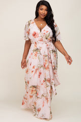 Pink Floral Chiffon Wrap Front Short Sleeve Maternity Plus Maxi Dress