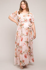 Pink Floral Chiffon Wrap Front Short Sleeve Maternity Plus Maxi Dress