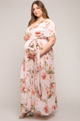 Pink Floral Chiffon Wrap Front Short Sleeve Maternity Plus Maxi Dress