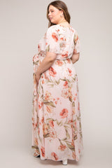 Pink Floral Chiffon Wrap Front Short Sleeve Maternity Plus Maxi Dress