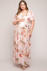 Pink Floral Chiffon Wrap Front Short Sleeve Maternity Plus Maxi Dress