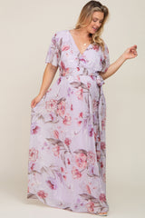 Lavender Floral Chiffon Wrap Front Short Sleeve Maternity Plus Maxi Dress