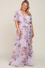 Lavender Floral Chiffon Wrap Front Short Sleeve Maternity Plus Maxi Dress