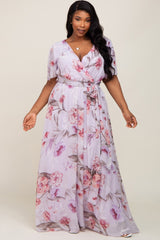 Lavender Floral Chiffon Wrap Front Short Sleeve Plus Maxi Dress