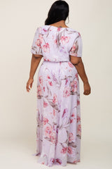 Lavender Floral Chiffon Wrap Front Short Sleeve Plus Maxi Dress