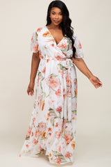 White Floral Chiffon Wrap Front Short Sleeve Maternity Plus Maxi Dress