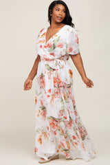 White Floral Chiffon Wrap Front Short Sleeve Plus Maxi Dress