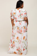 White Floral Chiffon Wrap Front Short Sleeve Plus Maxi Dress