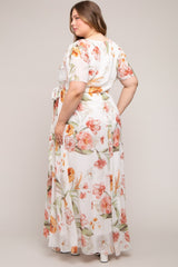 White Floral Chiffon Wrap Front Short Sleeve Maternity Plus Maxi Dress