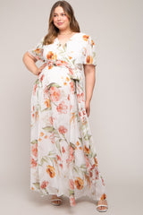 White Floral Chiffon Wrap Front Short Sleeve Maternity Plus Maxi Dress