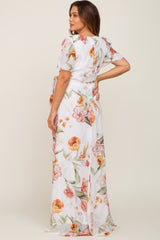 Ivory Floral Chiffon Wrap Front Short Sleeve Maternity Maxi Dress