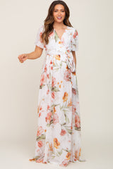 Ivory Floral Chiffon Wrap Front Short Sleeve Maternity Maxi Dress