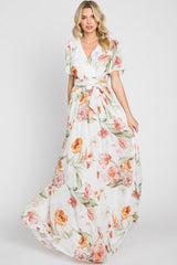 Ivory Floral Chiffon Wrap Front Short Sleeve Maternity Maxi Dress