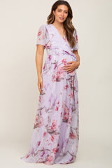 Lavender Floral Chiffon Wrap Front Short Sleeve Maternity Maxi Dress