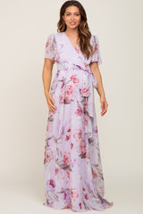 Lavender Floral Chiffon Wrap Front Short Sleeve Maternity Maxi Dress