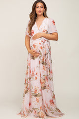 Pink Floral Chiffon Wrap Front Short Sleeve Maternity Maxi Dress