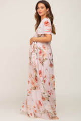 Pink Floral Chiffon Wrap Front Short Sleeve Maternity Maxi Dress