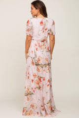 Pink Floral Chiffon Wrap Front Short Sleeve Maternity Maxi Dress