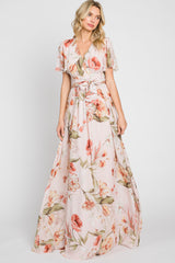 Pink Floral Chiffon Wrap Front Short Sleeve Maternity Maxi Dress