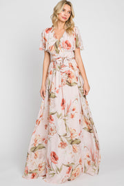 Pink Floral Chiffon Wrap Front Short Sleeve Maxi Dress