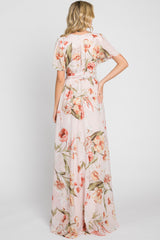 Pink Floral Chiffon Wrap Front Short Sleeve Maxi Dress