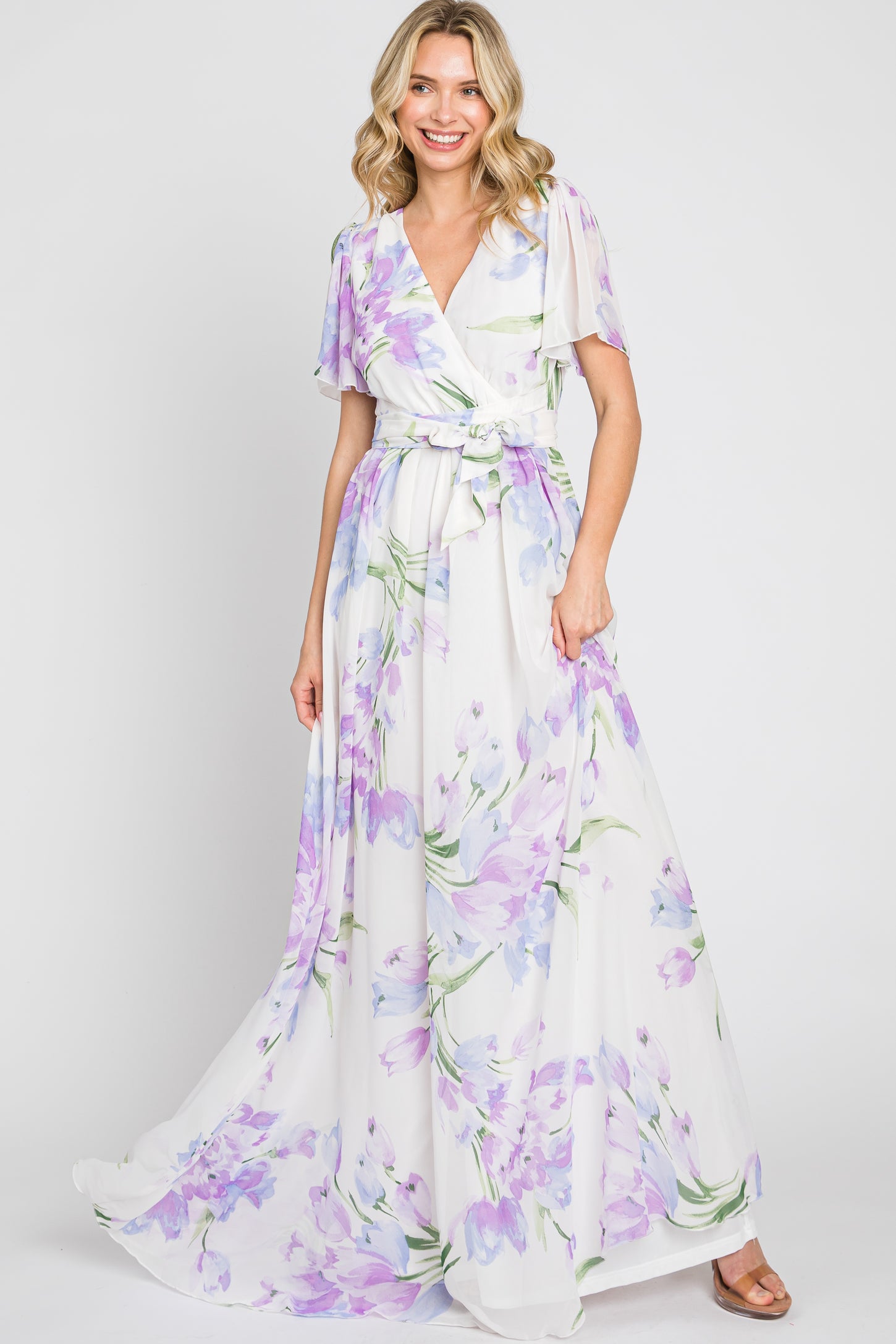 Lavender Tulip Floral Chiffon Wrap Front Short Sleeve Maternity