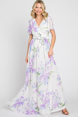 Lavender Tulip Floral Chiffon Wrap Front Short Sleeve Maternity Maxi Dress