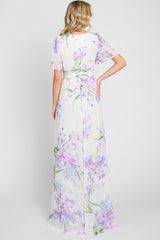 Lavender Tulip Floral Chiffon Wrap Front Short Sleeve Maxi Dress