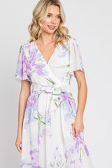 Lavender Tulip Floral Chiffon Wrap Front Short Sleeve Maxi Dress