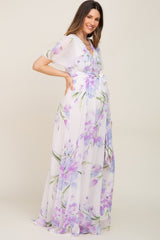 Lavender Tulip Floral Chiffon Wrap Front Short Sleeve Maternity Maxi Dress