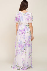 Lavender Tulip Floral Chiffon Wrap Front Short Sleeve Maternity Maxi Dress