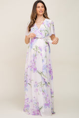 Lavender Tulip Floral Chiffon Wrap Front Short Sleeve Maternity Maxi Dress