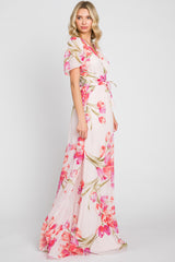 Pink Tulip Floral Chiffon Wrap Front Short Sleeve Maxi Dress