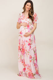 Pink Tulip Floral Chiffon Wrap Front Short Sleeve Maternity Maxi Dress