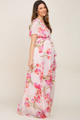 Pink Tulip Floral Chiffon Wrap Front Short Sleeve Maternity Maxi Dress