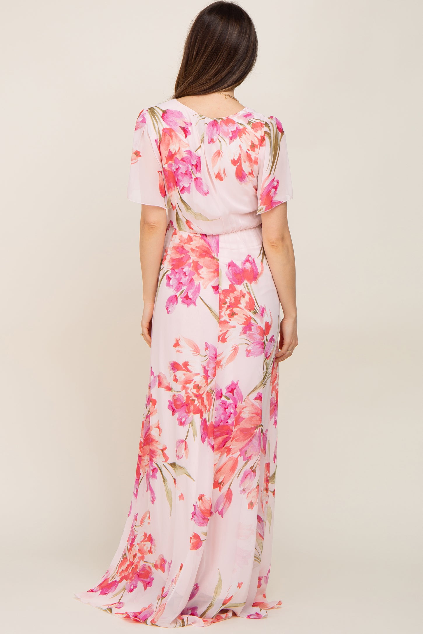 Pink Tulip Floral Chiffon Wrap Front Short Sleeve Maternity Maxi