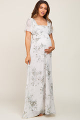 Mint Green Floral Chiffon Square Neck Smocked Maternity Maxi Dress