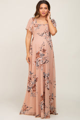 Beige Floral Chiffon Square Neck Smocked Short Sleeve Maternity Maxi Dress