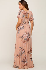 Beige Floral Chiffon Square Neck Smocked Short Sleeve Maternity Maxi Dress