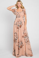 Beige Floral Chiffon Square Neck Smocked Short Sleeve Maternity Maxi Dress