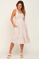 Taupe Striped Sleeveless Ruffle Hem Midi Dress