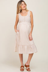 Taupe Striped Sleeveless Ruffle Hem Maternity Midi Dress