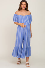 Blue Striped Off Shoulder Maternity Jumpsuit