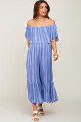 Blue Striped Off Shoulder Maternity Jumpsuit