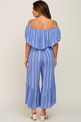 Blue Striped Off Shoulder Maternity Jumpsuit