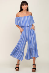 Blue Striped Off Shoulder Jumpsuit