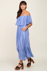 Blue Striped Off Shoulder Jumpsuit