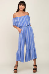 Blue Striped Off Shoulder Jumpsuit