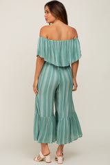 Green Striped Off Shoulder Maternity Jumpsuit